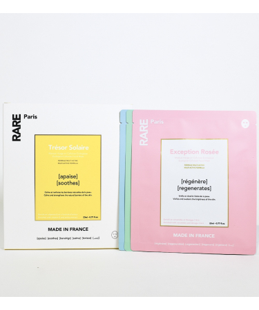 SADA 4 KS PLEŤOVÝCH MASEK RARE Paris  Exception Rosée, Trésor Solaire, Elixir Intence, Carbone Glacé